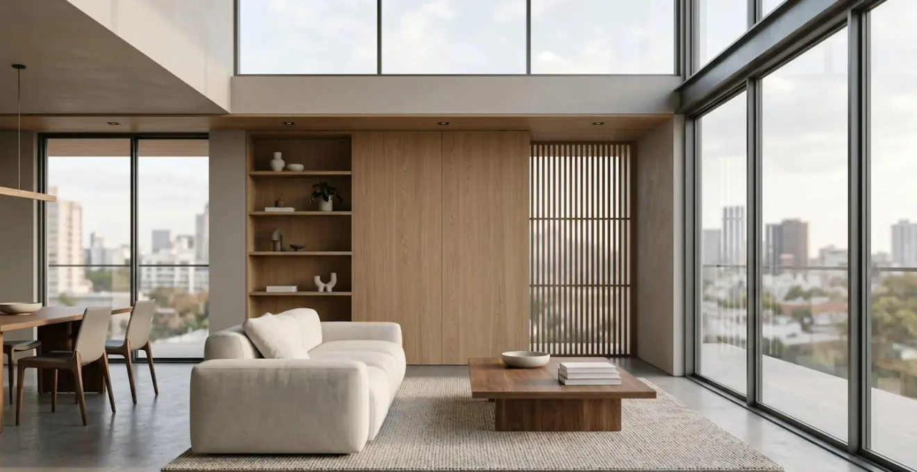 Composition minimaliste représentant l'évaluation patrimoniale avec des éléments architecturaux contemporains