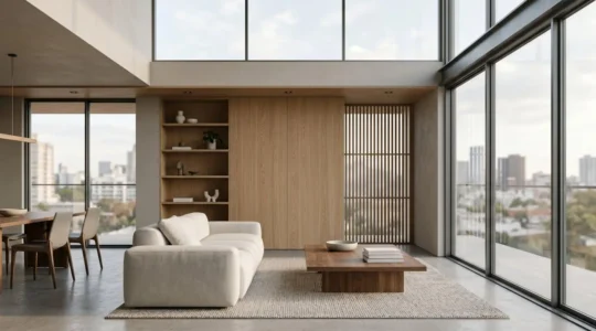 Composition minimaliste représentant l'évaluation patrimoniale avec des éléments architecturaux contemporains
