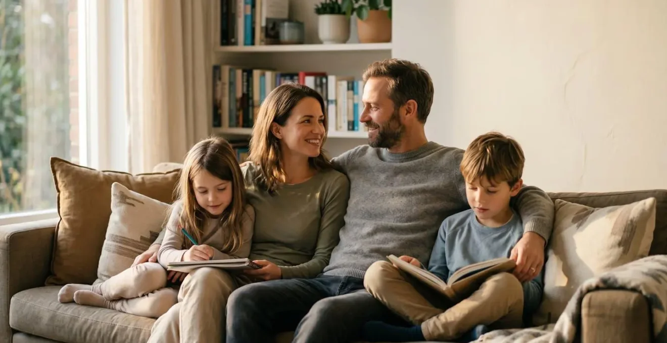 Famille de quatre personnes dans un moment de vie quotidienne paisible symbolisant la sécurité financière