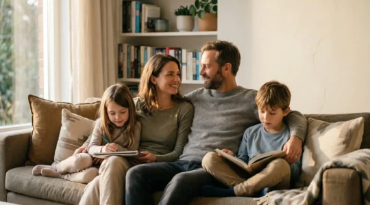 Famille de quatre personnes dans un moment de vie quotidienne paisible symbolisant la sécurité financière