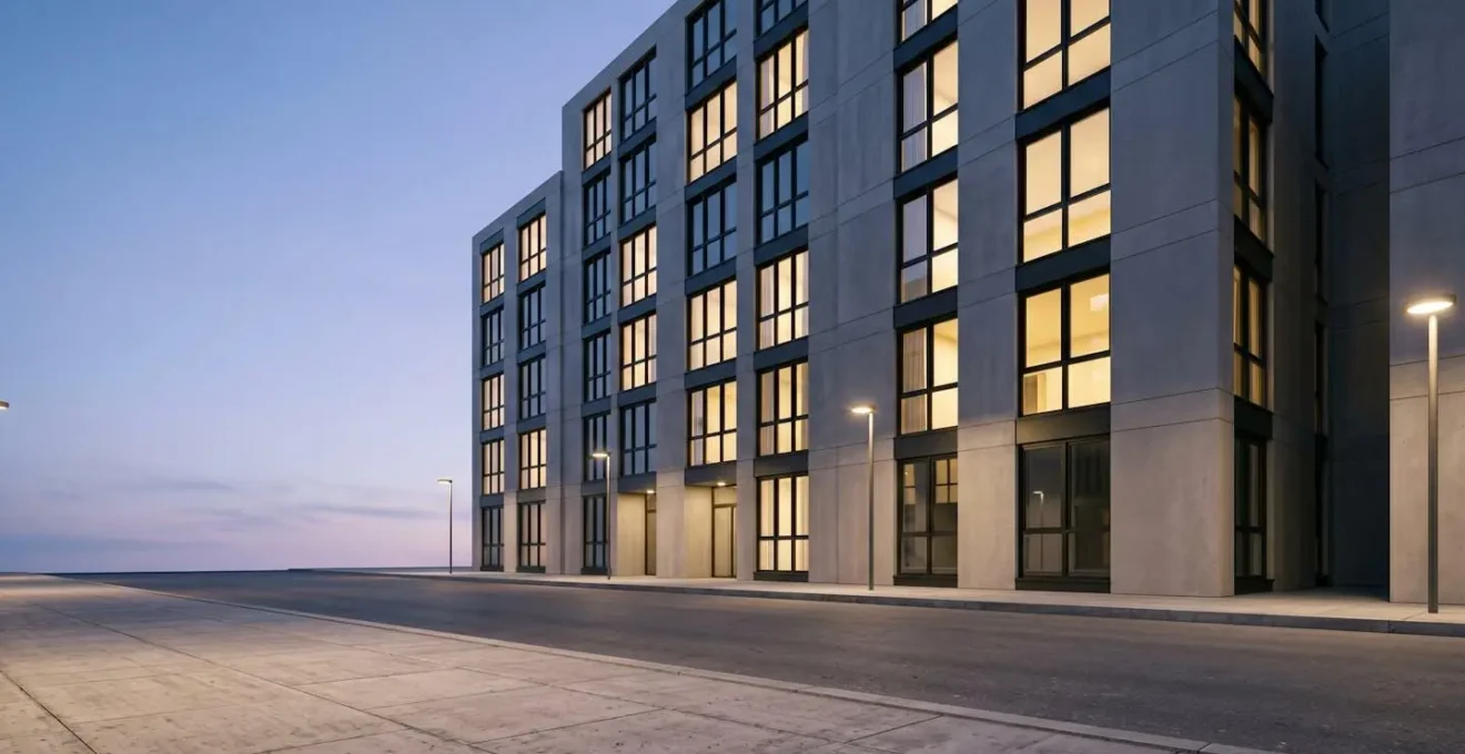 Perspective architecturale d'un immeuble résidentiel moderne au crépuscule avec équilibre entre zones éclairées et ombres profondes