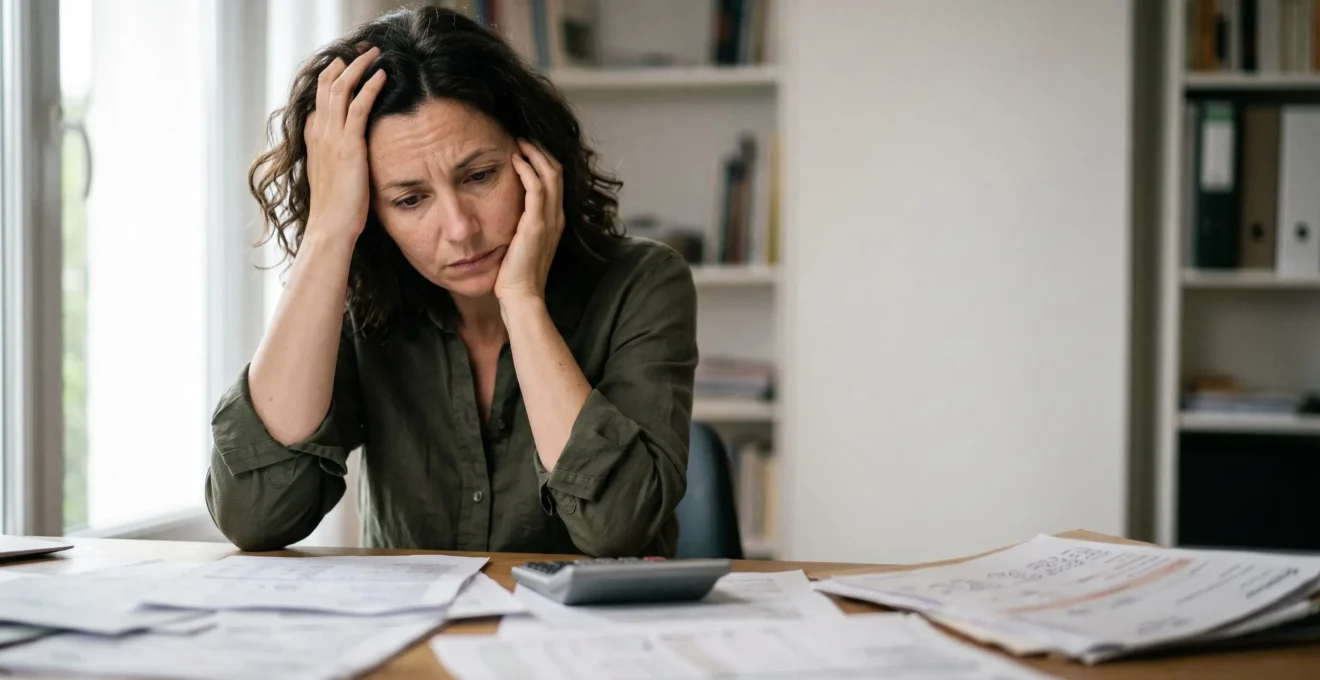 Travailleur indépendant face à ses documents administratifs illustrant l'insuffisance de la protection sociale obligatoire