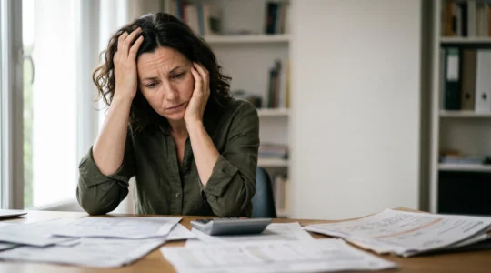 Travailleur indépendant face à ses documents administratifs illustrant l'insuffisance de la protection sociale obligatoire