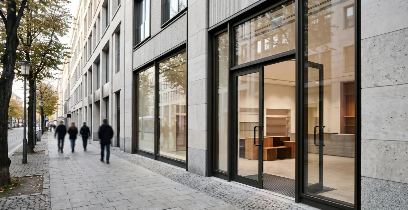 Façade commerciale urbaine avec vitrine de boutique en zone passante