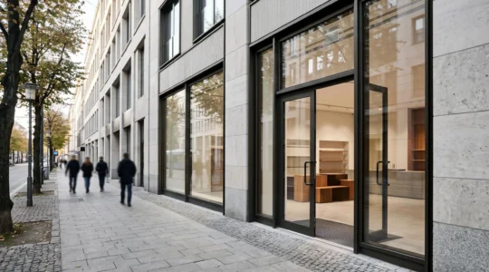 Façade commerciale urbaine avec vitrine de boutique en zone passante
