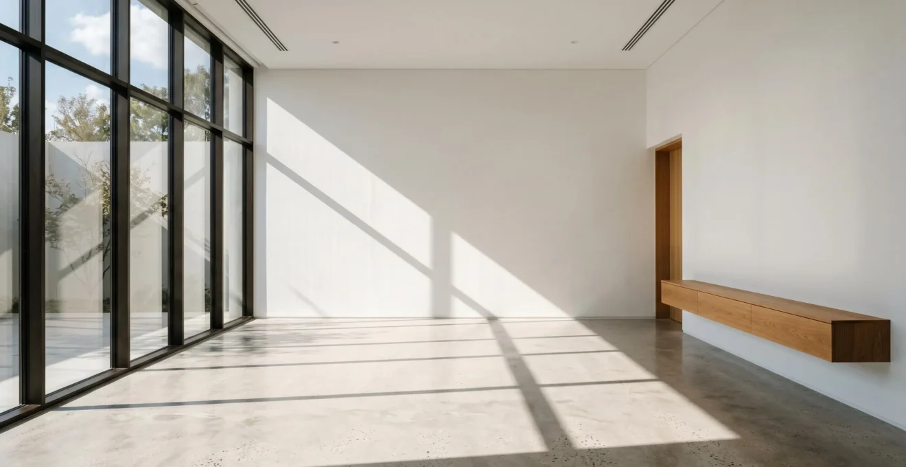 Composition minimaliste symbolisant l'optimisation fiscale immobilière avec éléments architecturaux épurés et lumière naturelle douce