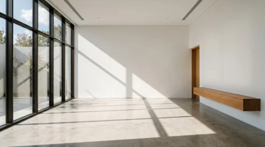 Composition minimaliste symbolisant l'optimisation fiscale immobilière avec éléments architecturaux épurés et lumière naturelle douce