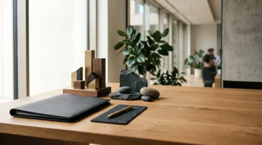 Vue large d'une stratégie d'investissement patrimonial avec documents et éléments symboliques dans un espace épuré