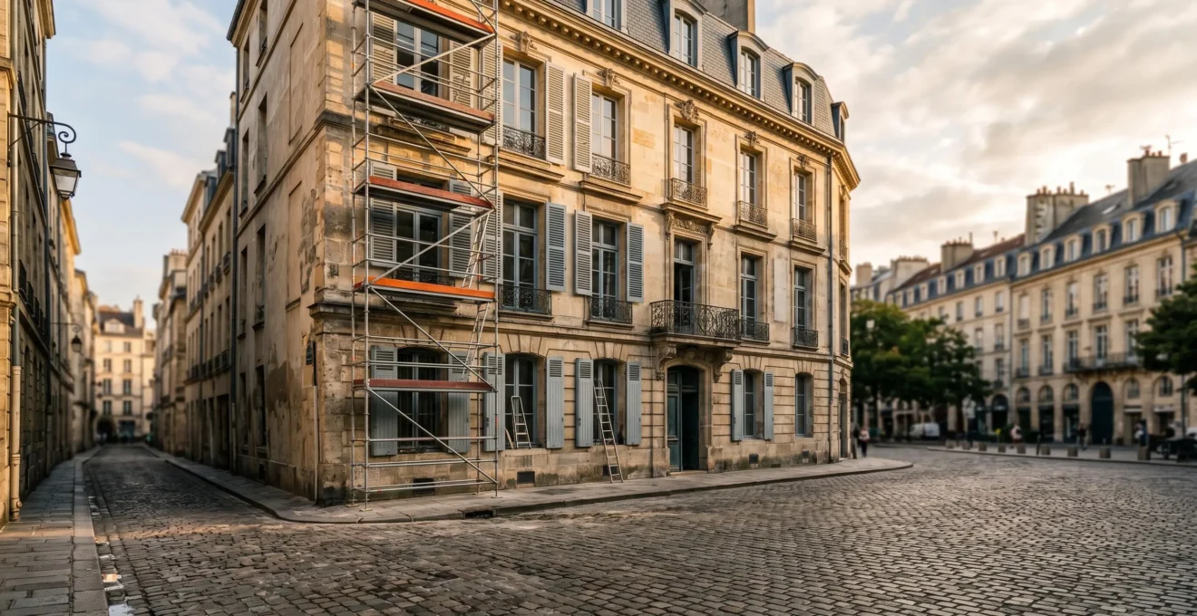 Immeuble ancien en pierre en cours de rénovation dans un centre-ville historique français