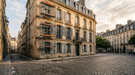 Immeuble ancien en pierre en cours de rénovation dans un centre-ville historique français