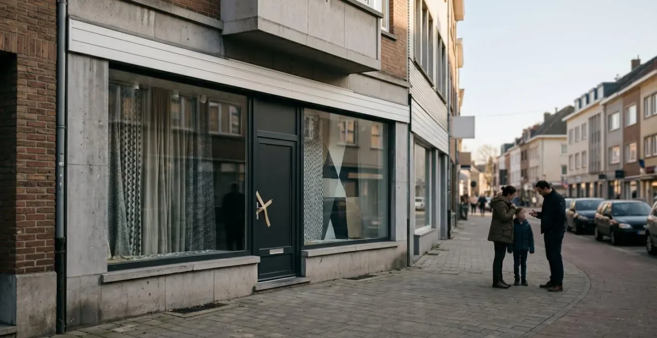 Scène urbaine réaliste montrant une vitrine de magasin avec des dommages subtils et une famille préoccupée en arrière-plan