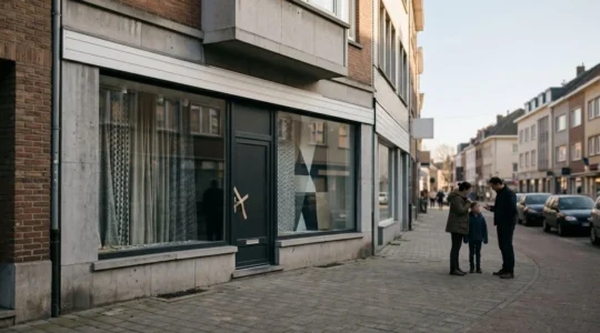 Scène urbaine réaliste montrant une vitrine de magasin avec des dommages subtils et une famille préoccupée en arrière-plan